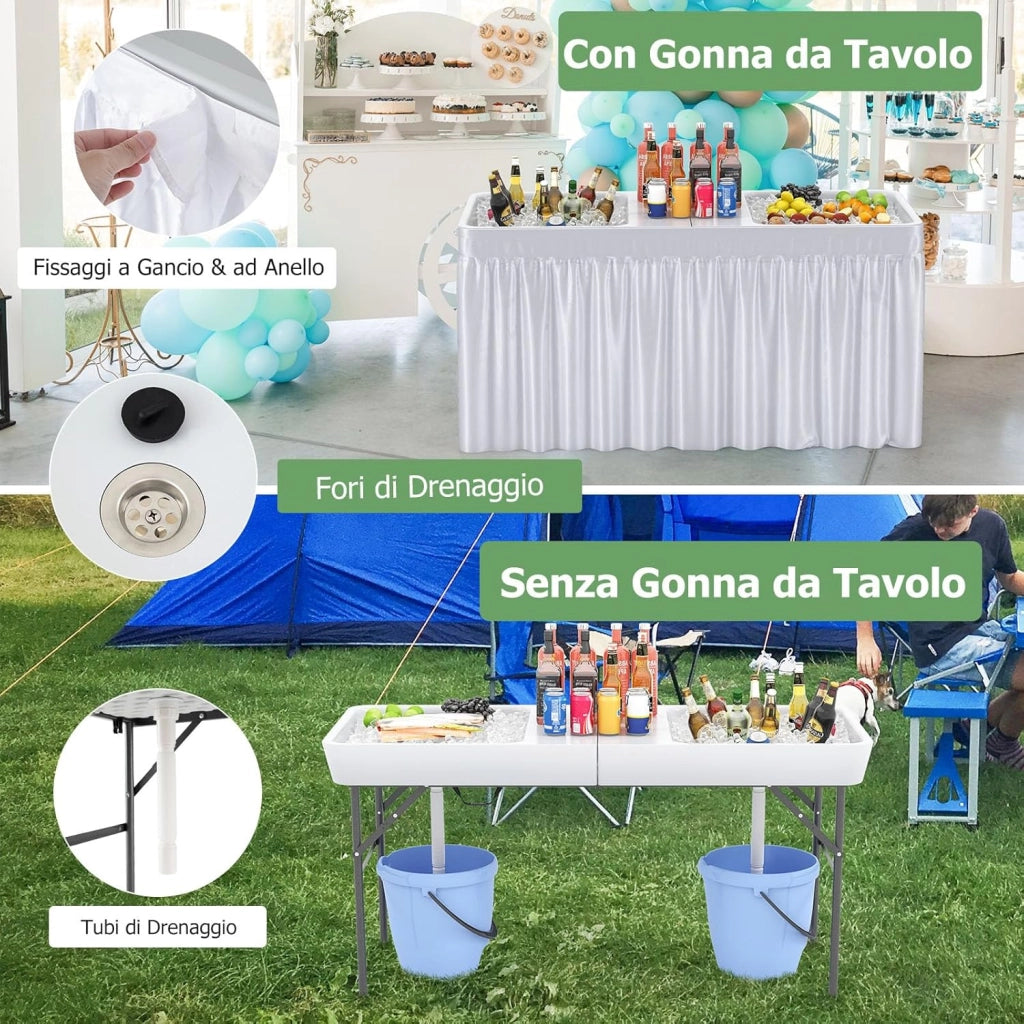 Tavolo Pieghevole Giardino 150 cm, Tavolo da Esterno con Doppi Lavelli, Tubi di Scarico, con Raffreddatore per Ghiaccio, Contenitore per Bevande, per Giardino Campeggio
