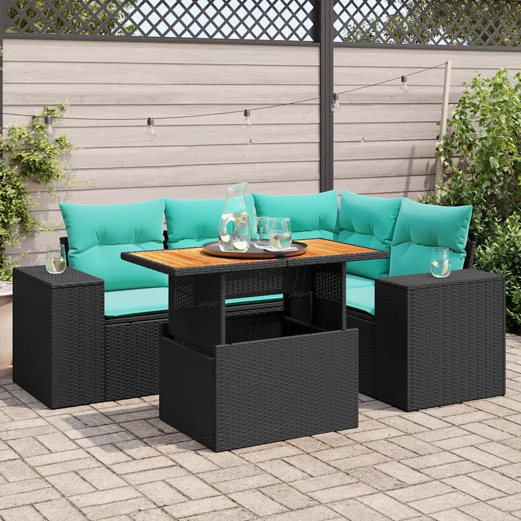 Set Divani da Giardino 5 pz con Cuscini in Polyrattan Nero