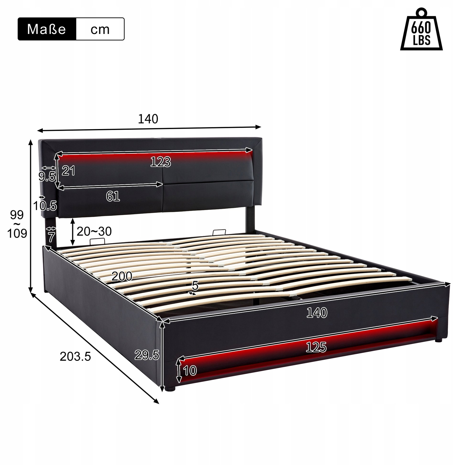 Letto singolo 140x200 - Xylo - USB, LED, nero PU