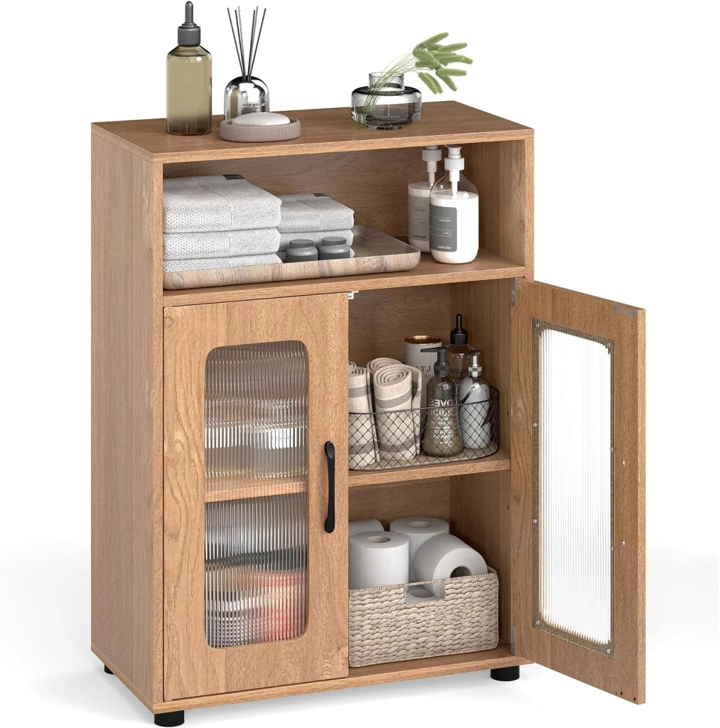 Armadietto da bagno con scomparto aperto, 2 ante e ripiano regolabile, armadio da pavimento per cucina e soggiorno, 60 x 30 x 83 cm (naturale)