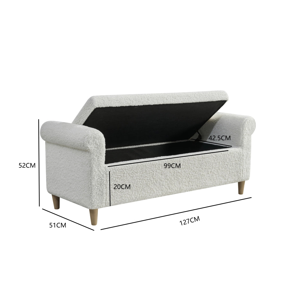 Pouf contenitore con coperchio sollevabile, in tessuto e piedi in legno, stile nordico bianco 106 × 51 × 33 cm