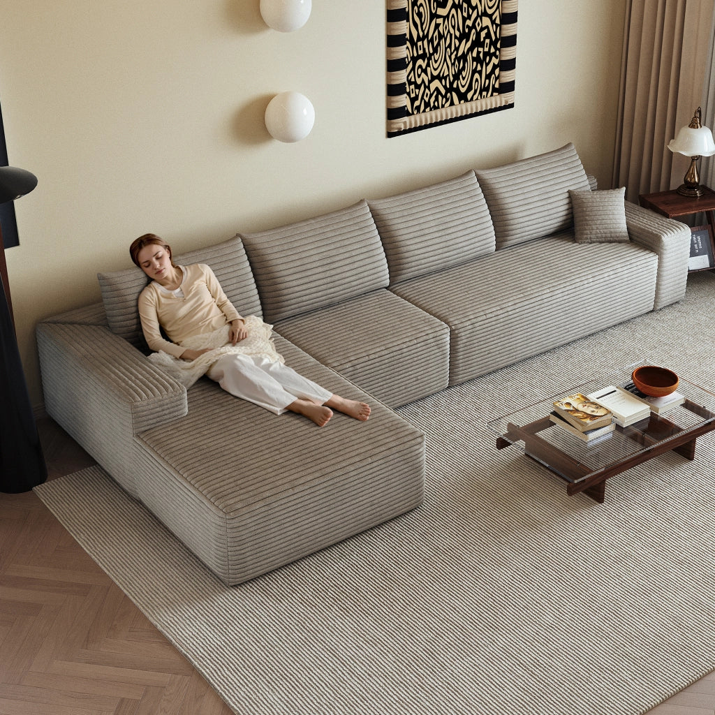 Divano angolare modulare in velluto a coste con seduta profonda e schiuma elastica, camel 340 cm
