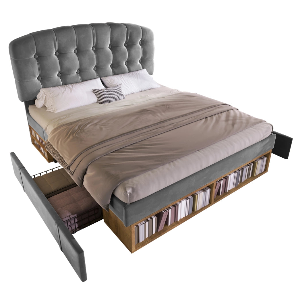 Letto contenitore 140 × 190 cm con testiera regolabile, cassetti e ripiani, senza materasso, in velluto grigio