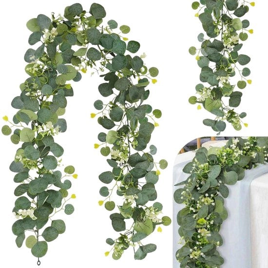 Guirlande a 2 pezzi con foglie di eucalipto, decorazione artificiale a foglie di eucalipto 180cm con foglie verdi e fiori bianchi, piante artificiali per appendere, ideale per matrimoni, feste di giardino, casa e decorazione da tavola.