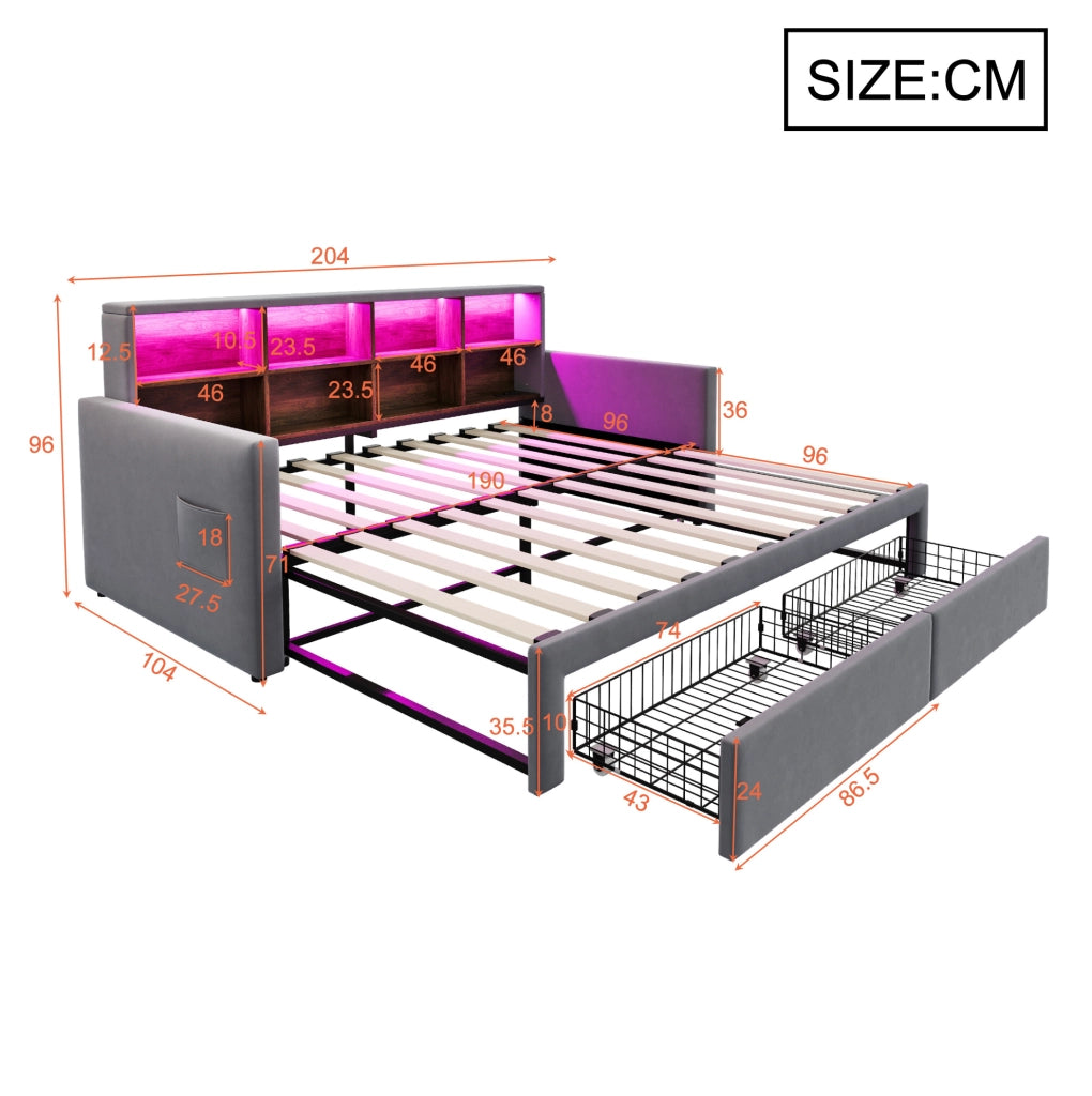 Letto imbottito estraibile 90x190 cm con LED, prese e cassetti