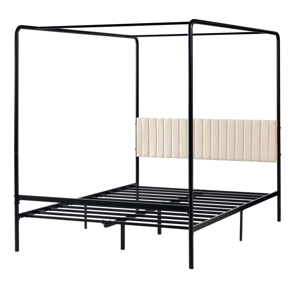 Letto a baldacchino in metallo nero con doppia testiera imbottita 140 x 200 cm moderno romantico