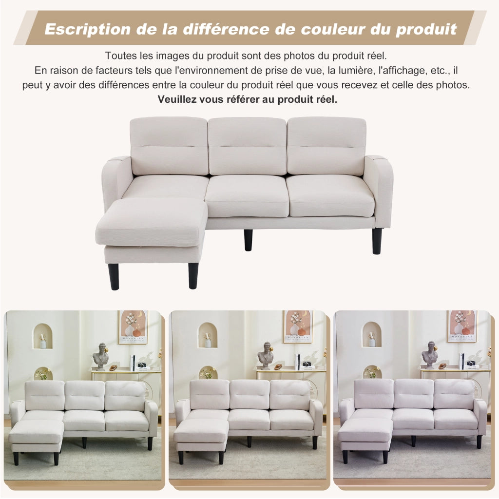 Divano Angolare a L 3 Posti con Penisola in Tessuto Beige 204x136x80cm