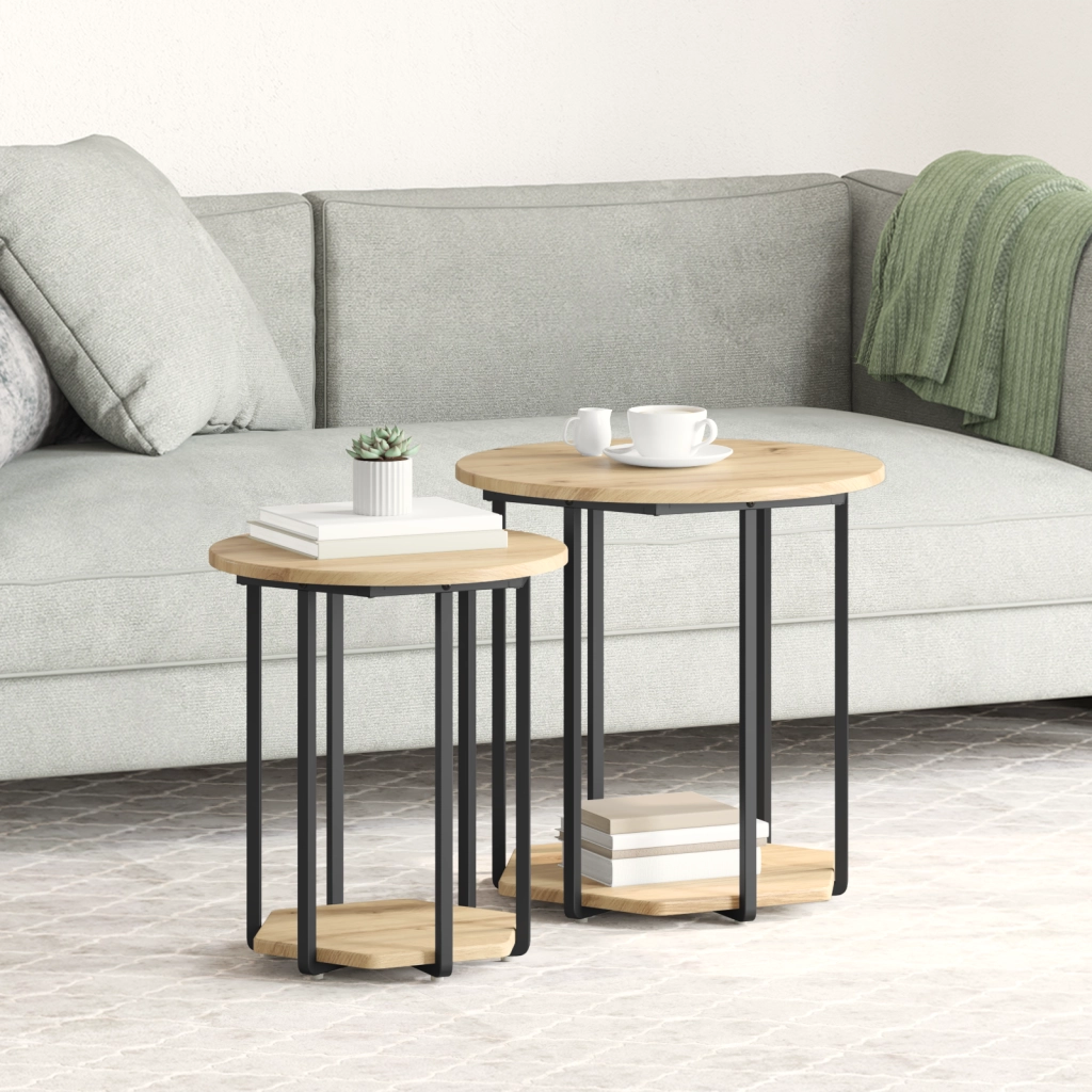 Set di 2 Tavolini in Legno ingegnerizzato Rovere e Metallo