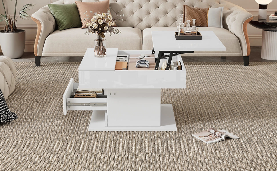 TAVOLINO da salotto 70x70x45 cm bianco lucido con piano sollevabile e cassetto