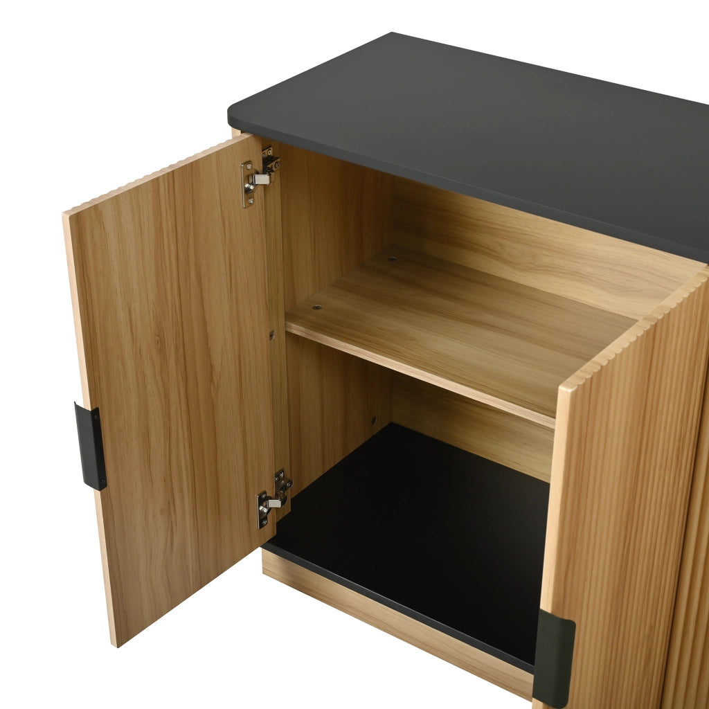 Credenza, mobile a quattro ante, mobile da ingresso, effetto legno, nero e color legno naturale