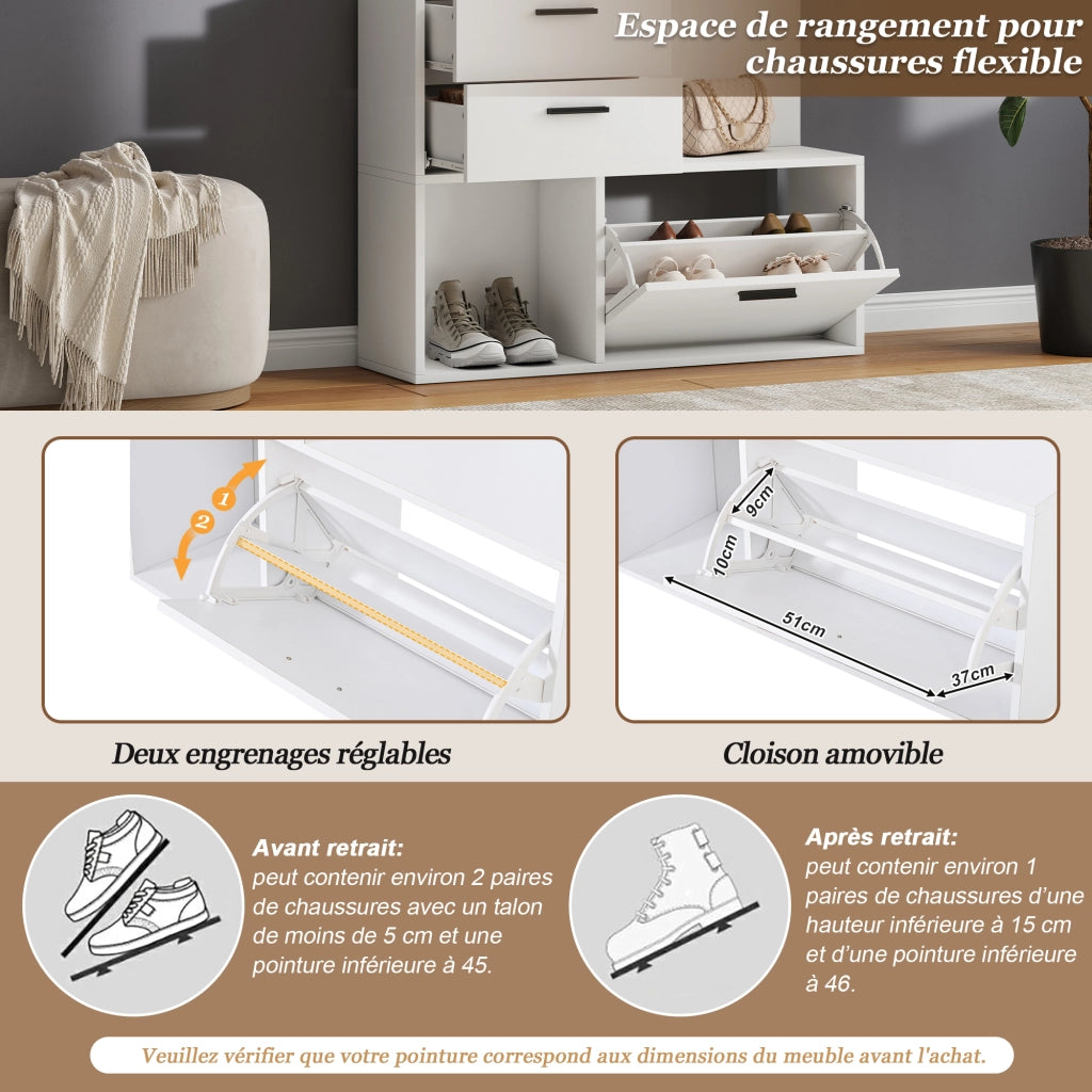 Armadio ingresso con 2 cassetti; 3 ganci; specchio; ripiani ribaltabili e 3 vani per ingresso e corridoio; bianco; 90 Ã— 30 Ã— 180 cm