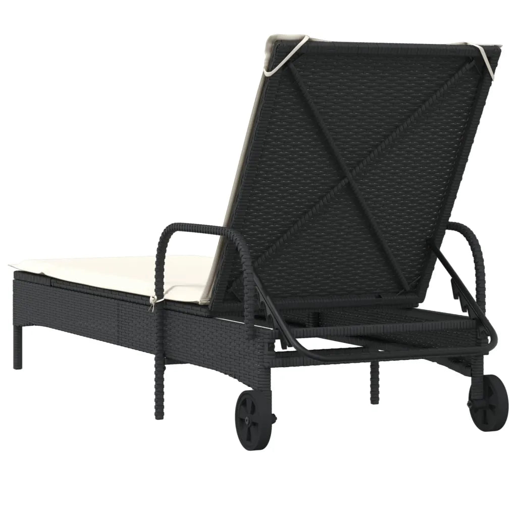Lettino Prendisole | Sdraio da giardino | Lettino da sole con Ruote e Cuscino in Polyrattan Nero