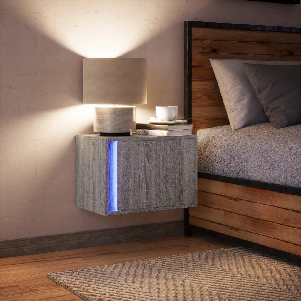 Comodino | Armadio da Notte | Mobiletto da notte a Parete con luci LED Grigio Sonoma
