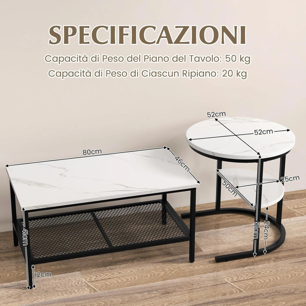 Set di Tavolini da Caffè Componibili, 2 in 1 Set di Tavoli Rimovibili con Piano in Marmo Sintetico, Tavolino Rotondo e Tavolino Rettangolare per Salotto e Camera da Letto (Nero)