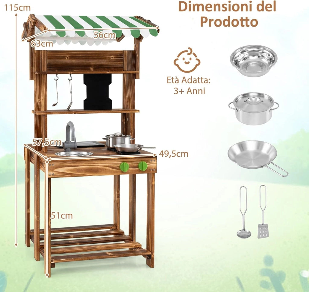 Cucina Giocattolo per Giardino a Doppia Faccia, Cucina per Bambini in Legno di Abete con Tettoia, Lavagna Scorrevole e Griglia Barbecue, Set da Cucina con 5 Accessori, 63 × 56 × 115 cm