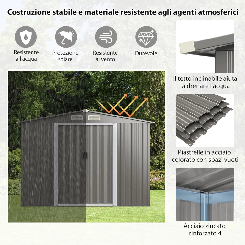 Casetta da Giardino 4,74㎡, Capanno da Esterno in Lamiera Acciaio Zincato Resistente alle Intemperie con 4 Feritoie, Doppie Porte e Rampa, 260 x 207 x 181 cm (Grigio chiaro)