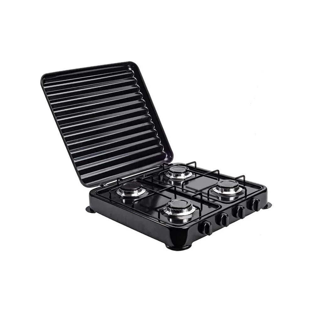 Melchioni Family Fornello a Gas Modello MINERVA NEW Quattro Fuochi Colore Nero per Utilizzo Esterno con Griglia e Fuochi Rimovibili e Coperchio