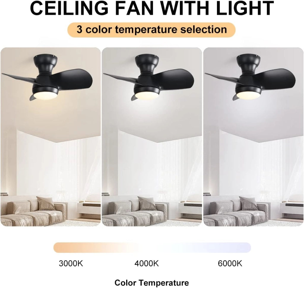 Ventilatore da soffitto nero camera letto 58 cm con luce led tricolore dimmerabile 18w 3 pale abs telecomando motore dc 220v