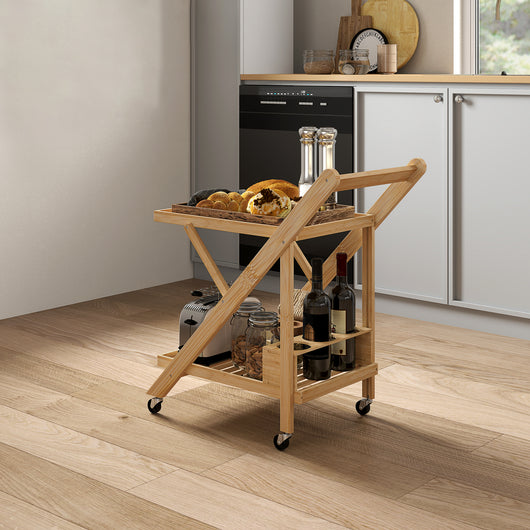 Carrello da Cucina Portavivande Pieghevole 66x40x70 cm a 2 Livelli con Portabottiglie in Legno di Bambù