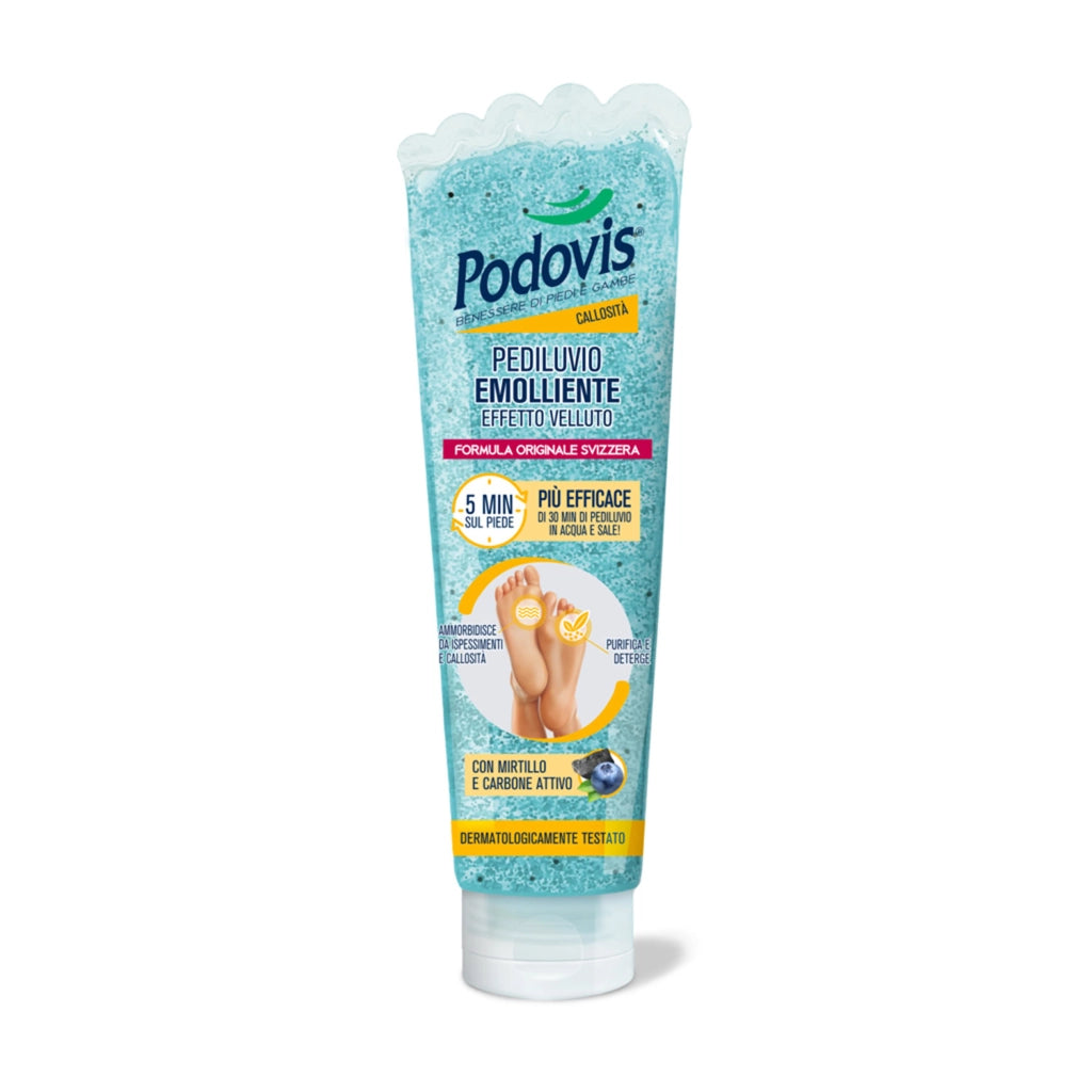 Pediluvio Emolliente, Effetto Velluto, Piedi Morbidi e Lisci, Rimozione Calli e Duroni, Elimina gli Ispessimenti della Pelle, Effetto Massaggiante ed Esfoliante, 150ml, Podovis