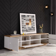 Mobile TV con cinque ante e due vani aperti in MDF bianco e colore legno con pannelli a griglia