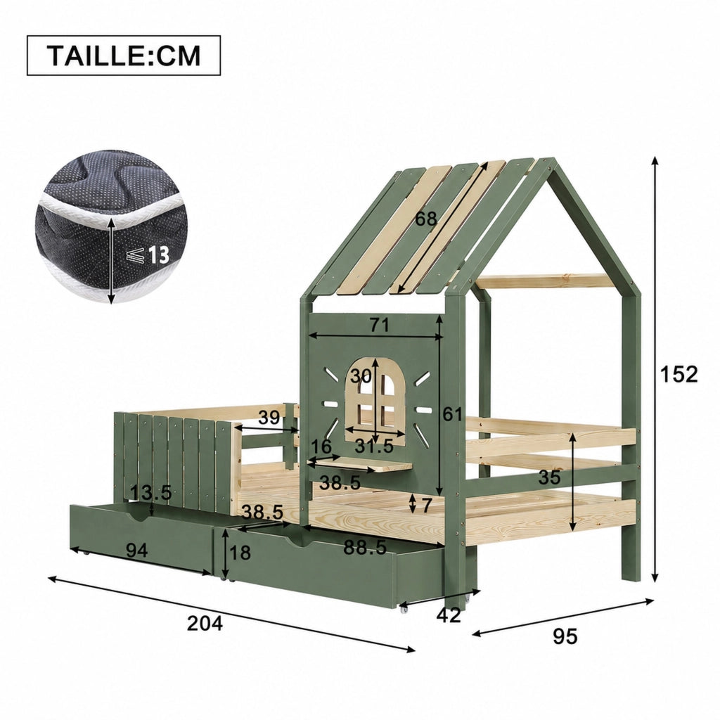 DESMIU Letto per bambini 1 posto con 2 cassetti, sponde, tetto e finestra, 90 × 200 cm, senza materasso