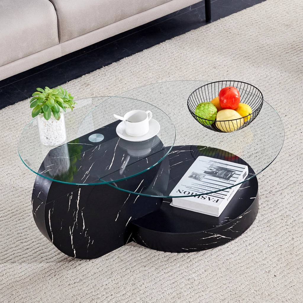 TAVOLINO da caffè a più livelli Ø 49,8/69,8 cm MDF e vetro temperato Nero/Trasparente