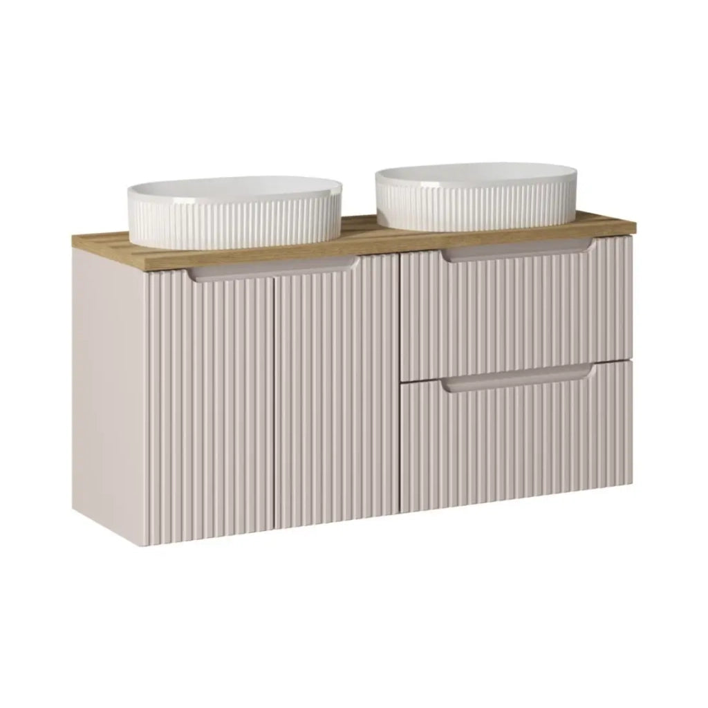 Set VANO cashmere e rovere 120cm: mobile sottolavabo con cassetti e armadietti + lavabi da appoggio bianchi scanalati
