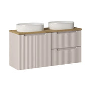 Set VANO cashmere e rovere 120cm: mobile sottolavabo con cassetti e armadietti + lavabi da appoggio bianchi scanalati