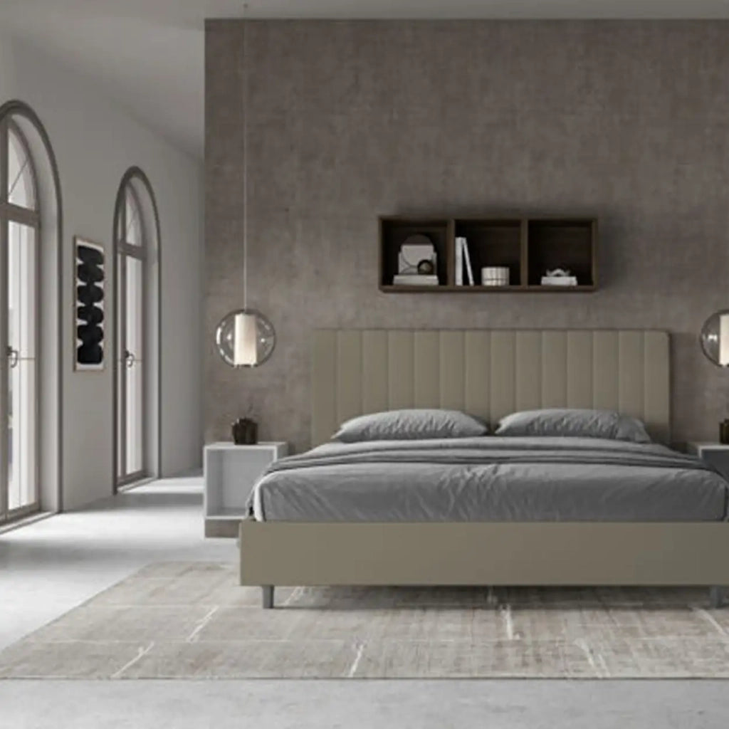 Letto matrimoniale king size con rete imbottito 200x210 similpelle cappuccino Agueda