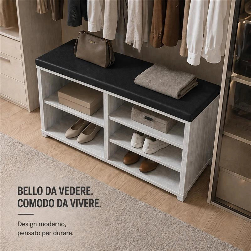 SCARPIERA IN MDF COLOR BIANCO LEGNO CON RIPIANI E SEDUTA IN SIMIL PELLE NERA DIMENSIONI 80X30X47 CM