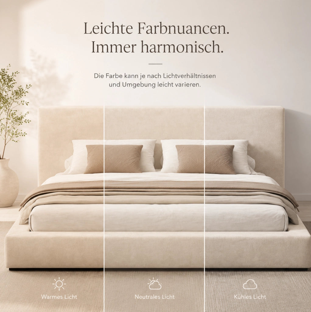 Letto matrimoniale imbottito 180x200 cm con rete a doghe e testiera in tessuto chenille beige