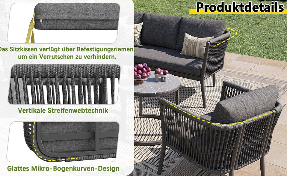 Set Salotto da Esterno Modulare 6 Pezzi per 5-6 Persone con Cuscini, Tessuto a Righe e Tavoli per Giardino e Terrazza Grigio