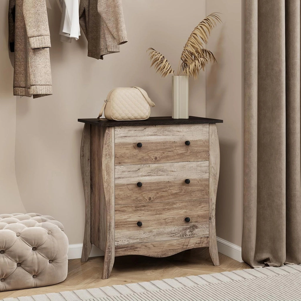 Cassettiera a 3 Cassetti Pieghevoli in Tessuto, Comò Camera da Letto in Legno, Mobiletto Cucina con Maniglie e Kit Antiribaltamento, Armadietto per Soggiorno, 67,5x38,5x76,5cm (Caffè)