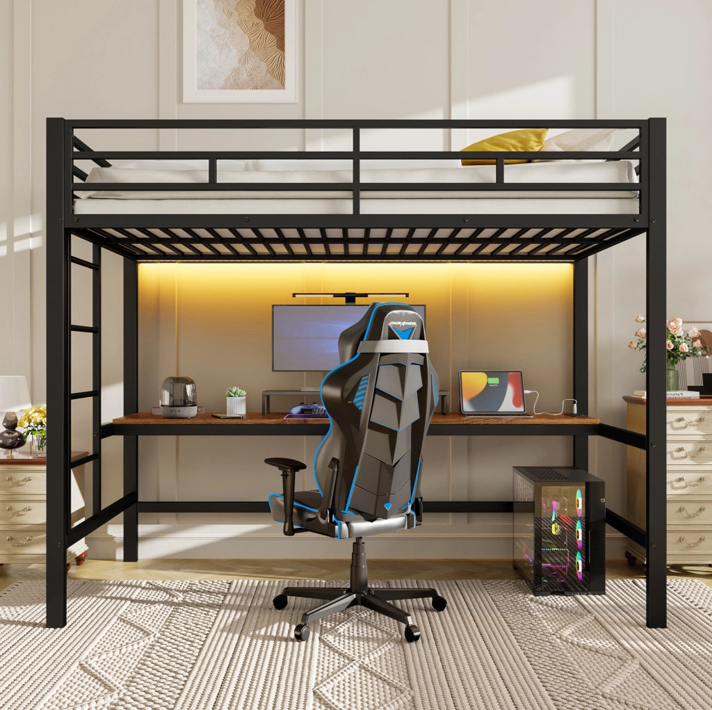 Letto a soppalco 90x200 cm con scrivania e luce LED; metallo; nero (Senza materasso)