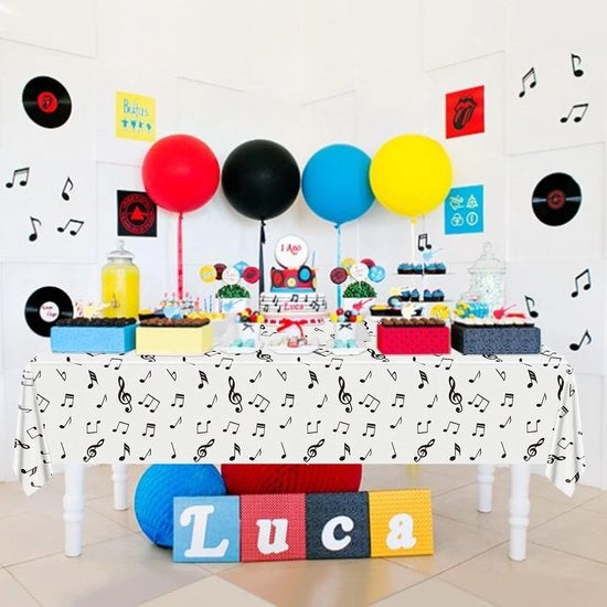 Tavolino coperto riutilizzabile - 4 pezzi - Tema musica - 220 x 130 cm - Decorazione per festa di compleanno - Accessori decorativi - Copertura tavolo per festa