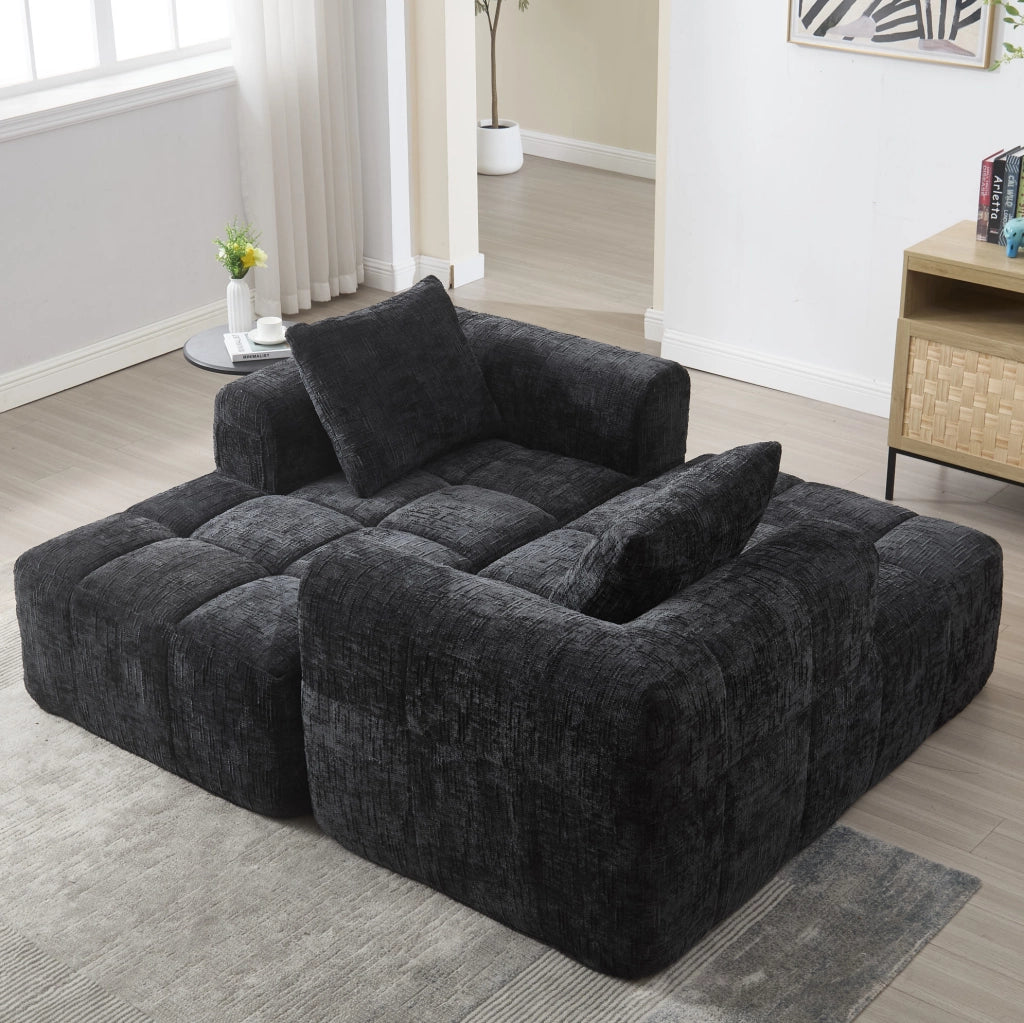 chaise longue 158x90x60 cm in ciniglia nera con cuscino e tasche laterali