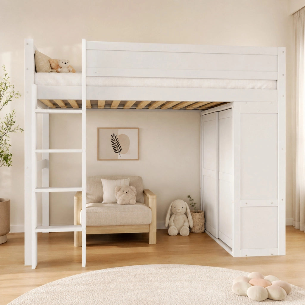 Letto a soppalco 90x200 cm con armadio e vano portaoggetti; pino e MDF; bianco