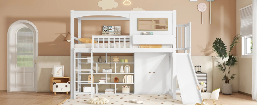 Letto a castello con scivolo e armadio in legno massello e MDF 90x200 cm