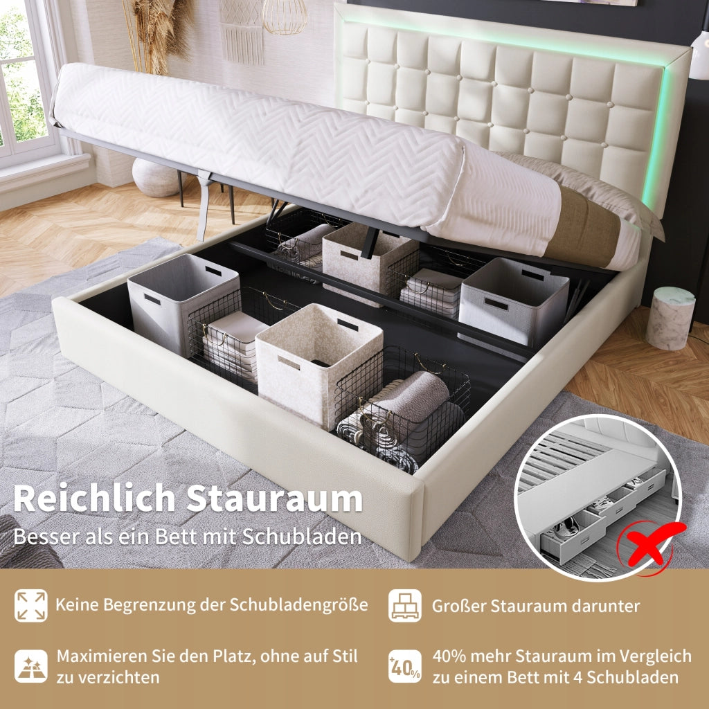 Letto imbottito con illuminazione LED - Xylo - 160x200 - Pelle sintetica bianca