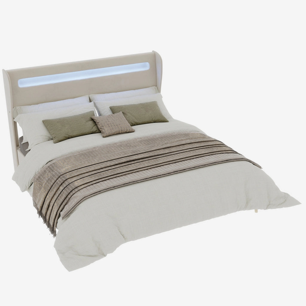 Letto Matrimoniale 160x200 cm con LED Regolabile e Schienale Regolabile in Tessuto Beige