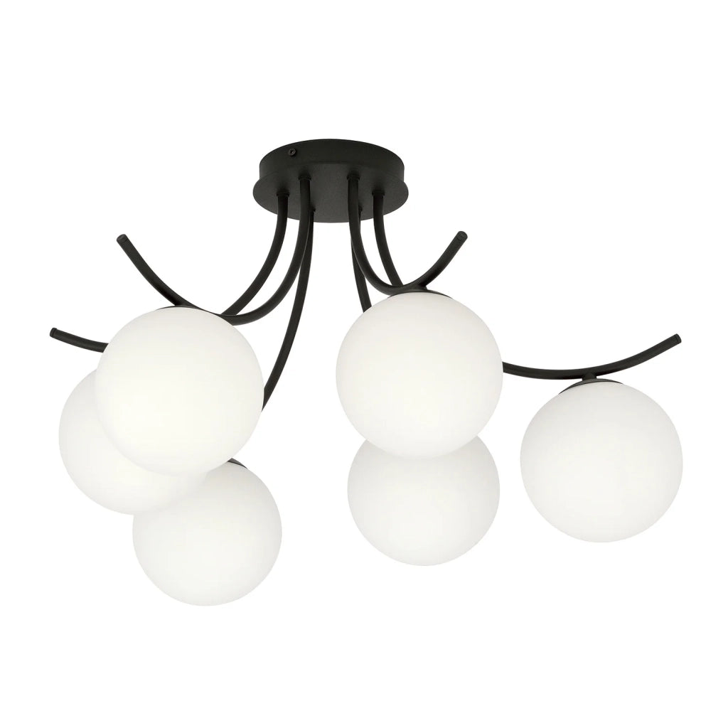 Plafoniera Moderna 6 Luci Coeo In Acciaio Nero E Diffusori In Vetro Opale