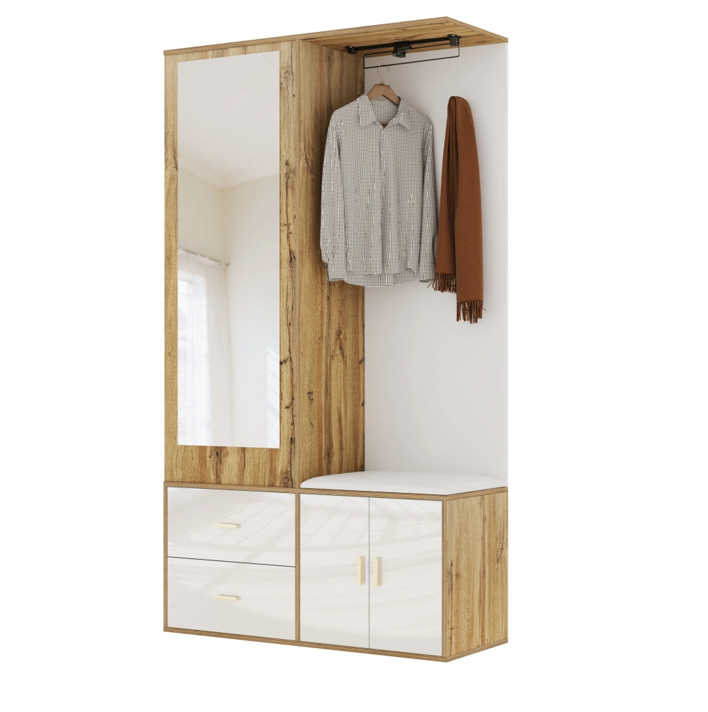 Garderoba da ingresso con specchio; panca portascarpe e appendiabiti estraibile 100x38x180 cm; bianco e naturale