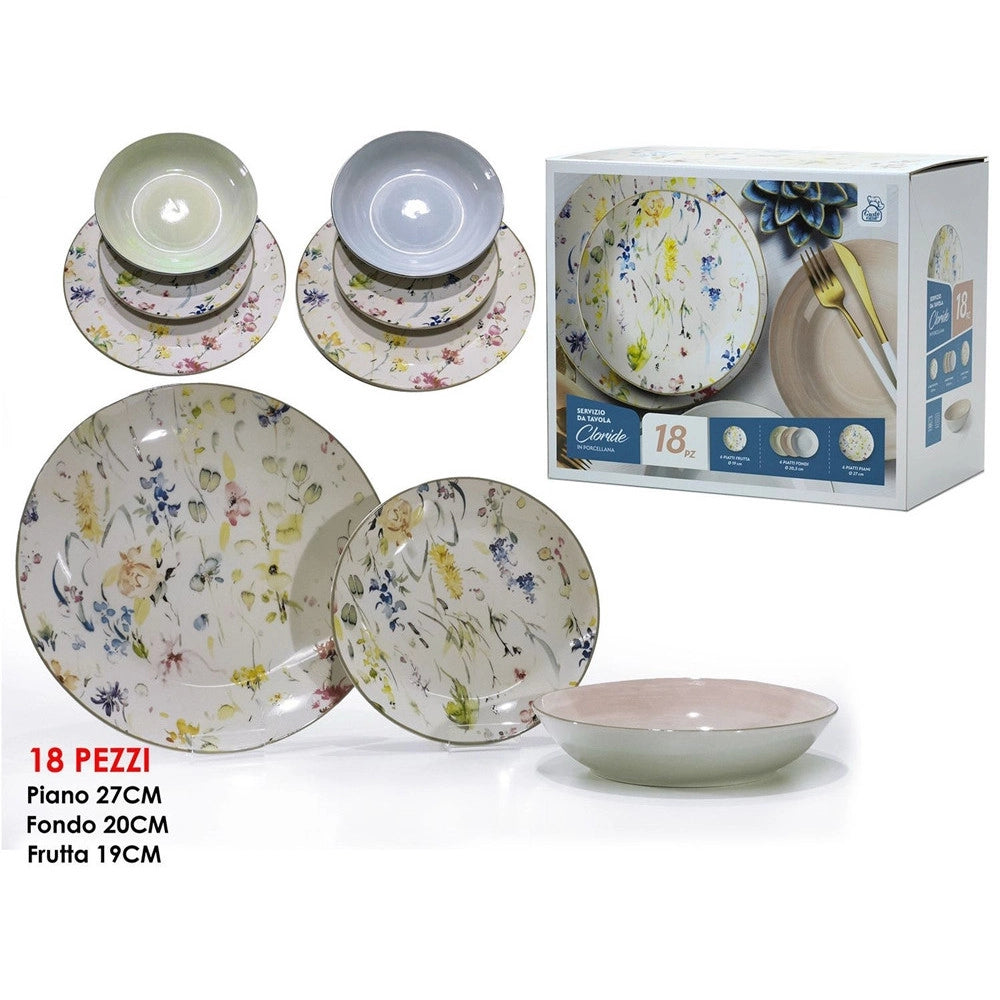 Trade Shop - Servizio Da Tavola Con Piatti Piani Fondi Frutta Cloride In Porcellana 18 Pezzi Cucina -