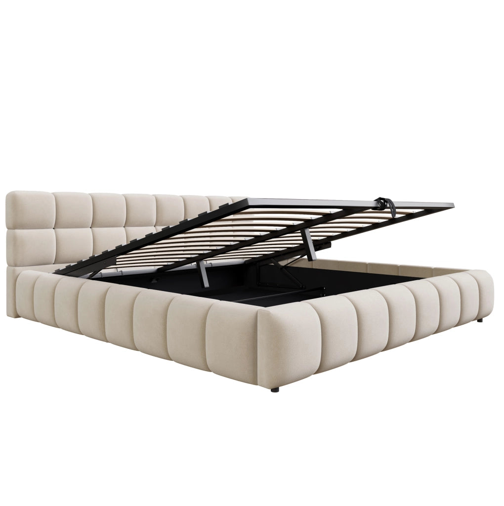 Letto matrimoniale imbottito 180x200 cm in velluto beige con contenitore idraulico e LED