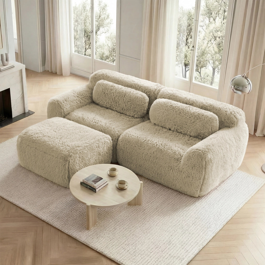 Divano Modulare 2 Posti Divano ad Angolo con Pouf Riconfigurabile in Peluche Cachi Chiaro