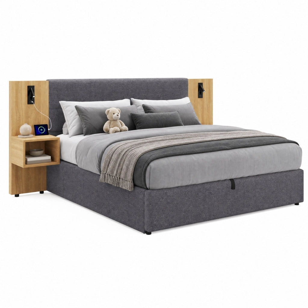 Letto imbottito 180x200 cm con contenitore, USB e comodini
