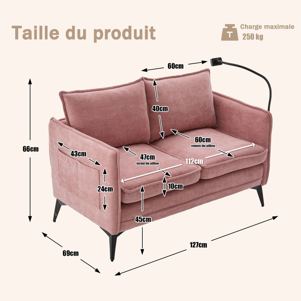 OKWISH Divano 2 Posti con Supporto Regolabile per Telefono e Tasche Laterali, Ciniglia Rosa, 127 x 69 x 66 cm