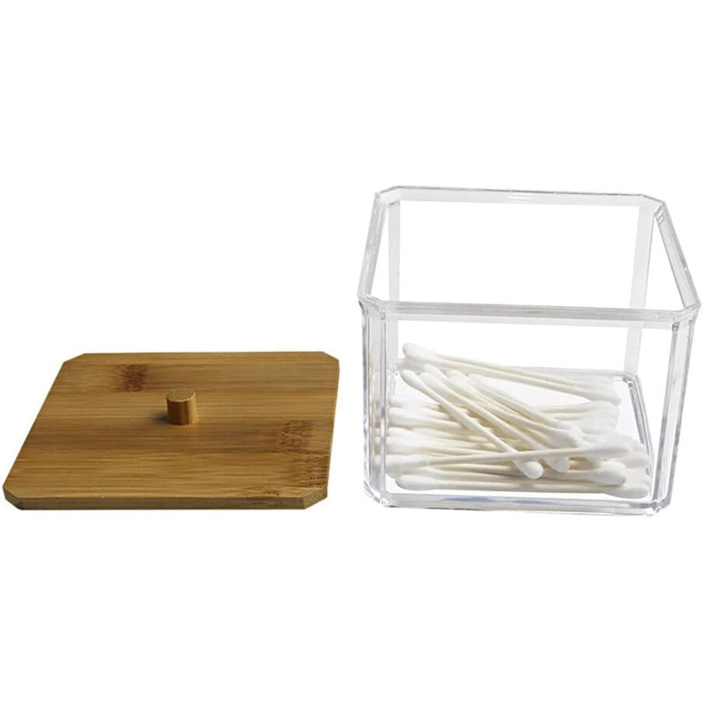 Trade Shop - Contenitore Organizer Cosmetici Toeletta Quadrato Trasparente Con Coperchio In Legno 10826 -