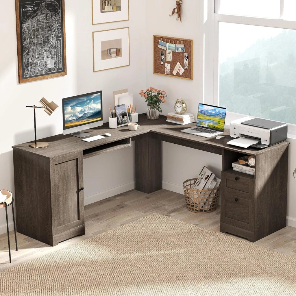Scrivania ad Angolo a Forma di L, Scrivania per Studio in Legno con 2 Cassetti, Tavolo per computer per Ufficio Studio, 168 x 168 x 76 cm (Grigio)
